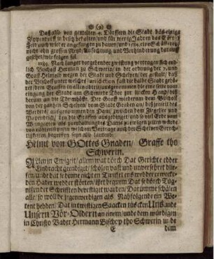 Helmt von Gottes Gnaden/ Grasse tho Schwerin.