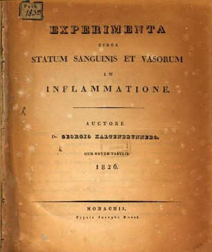 Experimenta Circa Statum Sanguinis Et Vasorum In Inflammatione : Cum Novem Tabulis