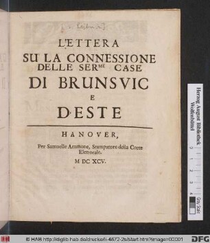 Lettera Su La Connessione Delle Ser[enissi]me Case Di Brunsvic E D'Este