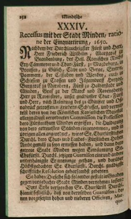 XXXIV. Recessus mit der Stadt Minden, ratione der Einquartirung, 1650.