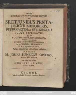 Dissertatio Philologico-Critica De Sectionibus Pentateuchi Minoribus, Pethuchoth Ac Sethumoth Vulgo Appellatis