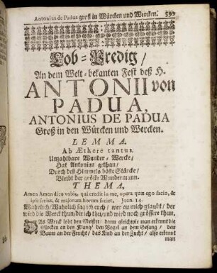 [Zwey und dreyßigste] Lob-Predig, Antonius De Padua Groß in den Würcken und Wercken – [Sechs und dreyßigste] Lob-Predig, Joannes Capistranus ein heiliger auß der Danckbarkeit