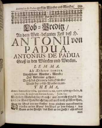 [Zwey und dreyßigste] Lob-Predig, Antonius De Padua Groß in den Würcken und Wercken – [Sechs und dreyßigste] Lob-Predig, Joannes Capistranus ein heiliger auß der Danckbarkeit