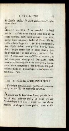 IX. C. Plinius Apollinari Suo S.
