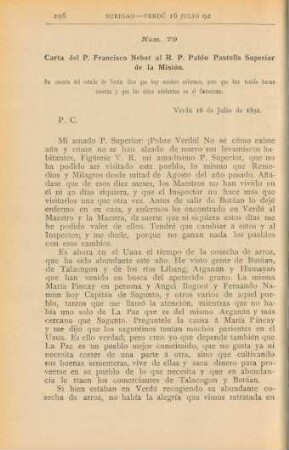 Núm. 79. Carta del P. Francisco Nebot al R. P. Pablo Pastells, Superior de la Misión