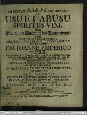Dissertatio Medica Inauguralis De Usu Et Abusu Spiritus Vini, Von Brauch und Mißbrauch des Brandteweins