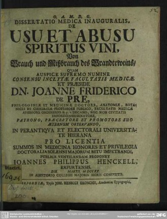 Dissertatio Medica Inauguralis De Usu Et Abusu Spiritus Vini, Von Brauch und Mißbrauch des Brandteweins