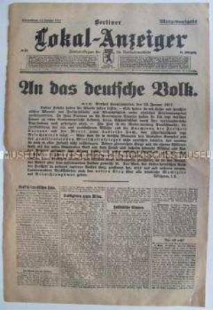 Titelblatt des "Berliner Lokal-Anzeiger" mit einem Aufruf des Kaisers an das deutsche Volk