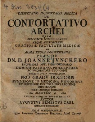 Dissertatio Inavgvralis Medica De Confortativo Archei