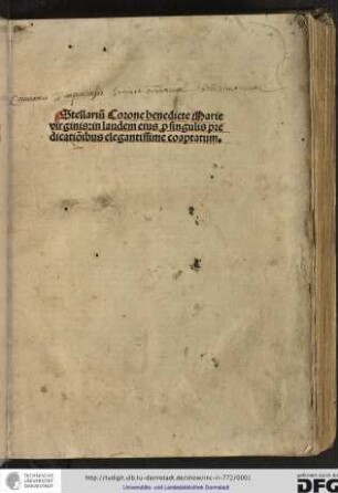 Stellarium corone benedicte Marie virginis laudem eius pro singulis predicationibus elegantissime coaptatum.