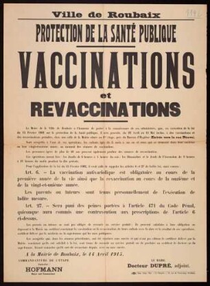 "Protection de la Santé Publique. Vaccinations et Revaccinations"