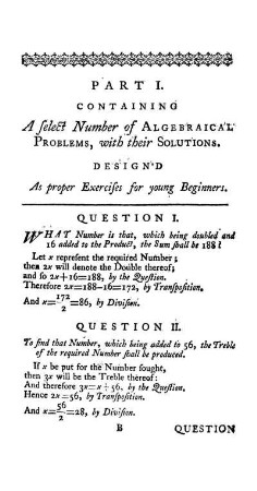 Part I. Containing a select Number of Algebraical Problems, with their Solutions.