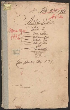 2 Arias - BSB Mus.ms. 4992 : [dust cover title:] Aria 2plex // â // Vocibus 5 // Voce Sola // Violino 1mo // Violino 2do // Viola di Alto // Con // Fundamento