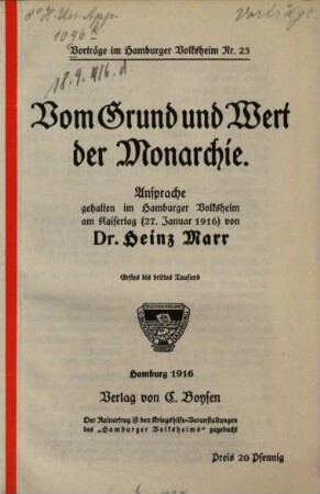 Vom Grund und Wert der Monarchie : Ansprache geh. im Hamburger Volksheim (27. Jan. 1916)