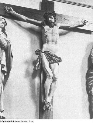 Kreuzigungsgruppe : Unbekannter Künstler. Kreuzigungsgruppe. Holz, geschnitzt, gefasst. Um 1601/1615?. Detail: Christus. Bautzen, Liebfrauenkirche, Langhaus (an der Nordwand)