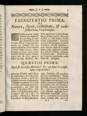 3-155, Exercitatio Prima. De Natura, Signis, visibilitate, & indefectibilitate Verae Ecclesiae.