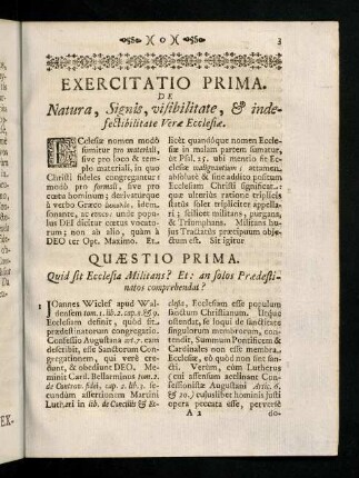 3-155, Exercitatio Prima. De Natura, Signis, visibilitate, & indefectibilitate Verae Ecclesiae.