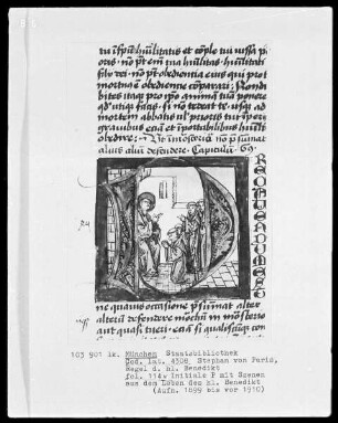 Stephan von Paris, Auslegung der Regel des heiligen Benedikt — Initiale P, darin Benedikt sieht den Mönchen ihr Vergehen an, Folio 114verso