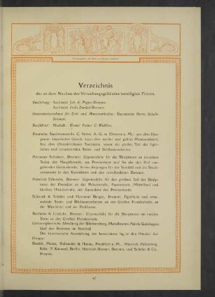 Verzeichnis der an dem Neubau des Verwaltungsgebäudes beteiligten Firmen.