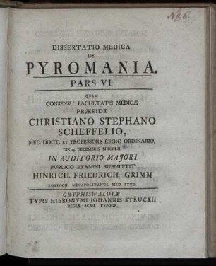 Ps. 6: Dissertatio Medica De Pyromania. Ps. 6
