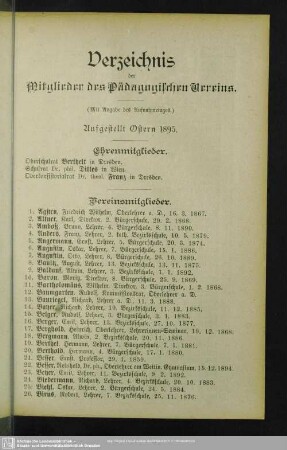 Verzeichnis der Mitglieder des Pädagogischen Vereins