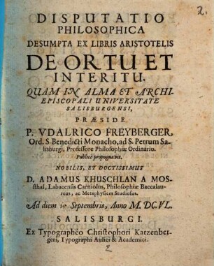 Disputatio philosophica Desumpta ex libris Aristotelis de ortu et interitu