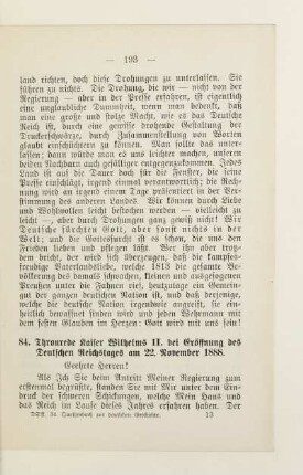 84. Thronrede Kaiser Wilhelms II. bei Eröffnung des Deutschen Reichstages am 22. November 1888