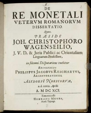 De Re Monetali Veterum Romanorum Dissertatio