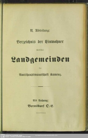 VI. Abteilung: Landgemeinden : VI. Abteilung: Verzeichnis der Einwohner sämtlicher Landgemeinden der Amtshauptmannschaft Kamenz
