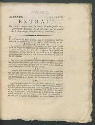 Extrait Du régistre des arrêtés du Comité de salut public de la Convention nationale du 13 Messidor de l'an second de la République française une et indivisible