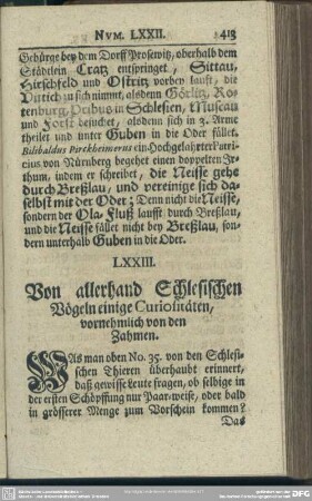 LXXIII. Von allerhand Schlesischen Vögeln einige Curiositäten, vornehmlich von den Zahmen