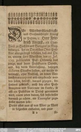 [Extract Der Königlichen Pohlnischen Churfürstl. Sächs. Post-Ordnung.]
