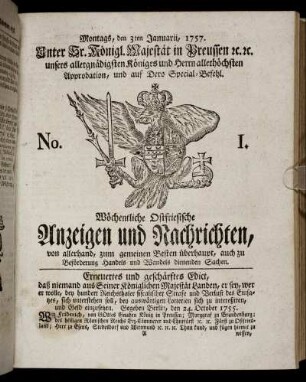 No. 1. Montags, den 3ten Januarii, 1757.
