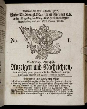 No. 1. Montags, den 3ten Januarii, 1757.