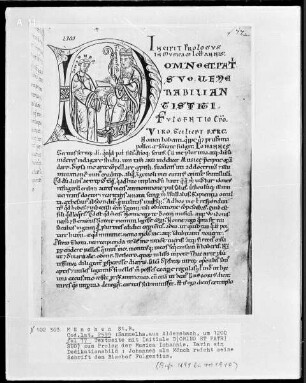 Sammelband mit Petrus Comestor, Sermones und der Musica des Johannes — Initiale D (omino et patri suo) mit einem Dedikationsbild, Folio 77recto