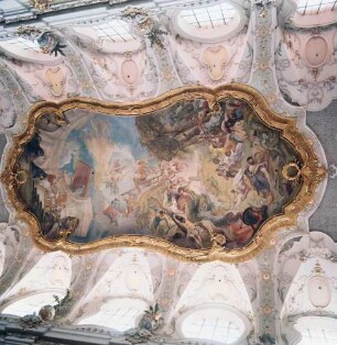 Exemtion des Klosters durch Papst Leo III. und Christenmartyrium am Marterberg in Regensburg : Regenburg. Pfarrkirche Sankt Emmeram. Exemtion des Klosters durch Papst Leo III. und Christenmartyrium am Marterberg in Regensburg (Deckengemälde von Cosmas Damian Asam, 1686-1739)