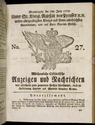 No. 27. Montags, den 7ten July 1777.