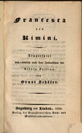 Francesca von Rimini : Trauerspiel = Francesca da Rimini