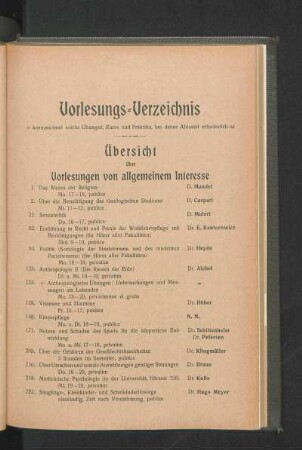 Übersicht über Vorlesungen von allgemeinem Interesse