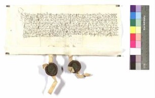 Götz von Adelsheim überträgt seine Forderungen an Neufels an Gottfried, Friedrich und Kraft von Hohenlohe (Zerstörung); Siegel: Götz und Jörg von Adelsheim.