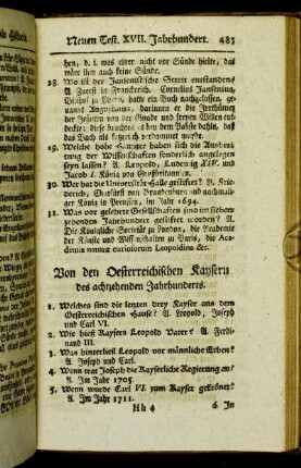Von den Oesterreichischen Kaysern des achtzehenden Jahrhunderts. - Von andern merckwürdigen Sachen des achtzehenden Jahrhunderts.