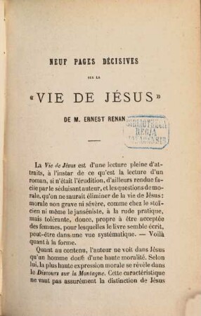 Neuf pages décisives sur la "Vie de Jésus" de Ernest Renan