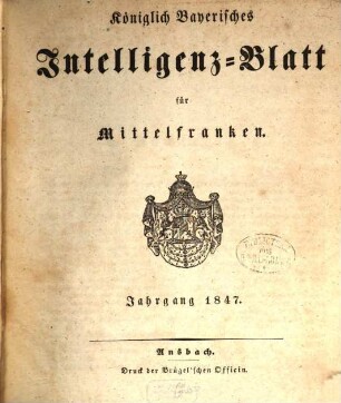 Königlich Bayerisches Intelligenzblatt für Mittelfranken. 1847