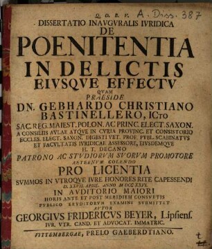 Dissertatio inauguralis iuridica de poenitentia in delictis eiusque effectu