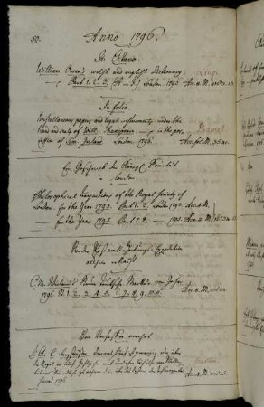 Ein Geschenck der Königl Societät in London. - Von der Postamts-Zeitungs-Expedition allhier erkauft. - Vom Verfasser [Johann Andreas Benignus Bergsträsser] verehrt.