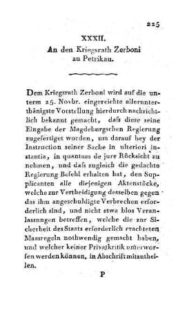 XXXII. An den Kriegsrath Zerboni zu Petrikau