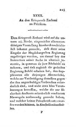 XXXII. An den Kriegsrath Zerboni zu Petrikau