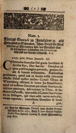 Specimen Wurtembergiae Diplomaticae. Oder Sammlung Vieler sowohl eintzeln gedruckt- aber rar seyender Urkunden Das Hoch-Fürstl. Hauß und Hertzogthum Würtemberg betreffend