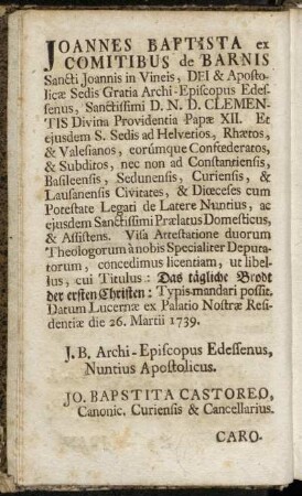 joannes Baptista ex Comitibus de Barnis Sancti Joannis in Vineis,[...] - Carolus Franciscus Durinus Patritius Mediolanensis ex Comitibus Modectiæ,[...]