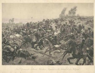 Das ostpreussische National-Kavallerie-Regiment in der Schlacht bei Katzenbach (Polen), berittene Soldaten in Uniform kämpfen mit Säbeln und Lanzen